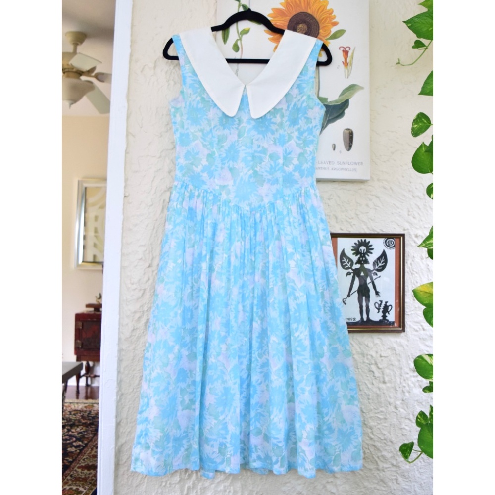 50s pastel teal blue green purple cotton gauze day dress (S) - Picture 2 of 5